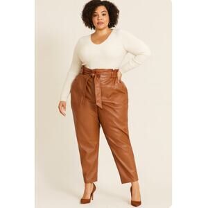 Eloqui Brown Paper Bag Waist Faux Vegan Leather Pants with Tie Plus sz 24